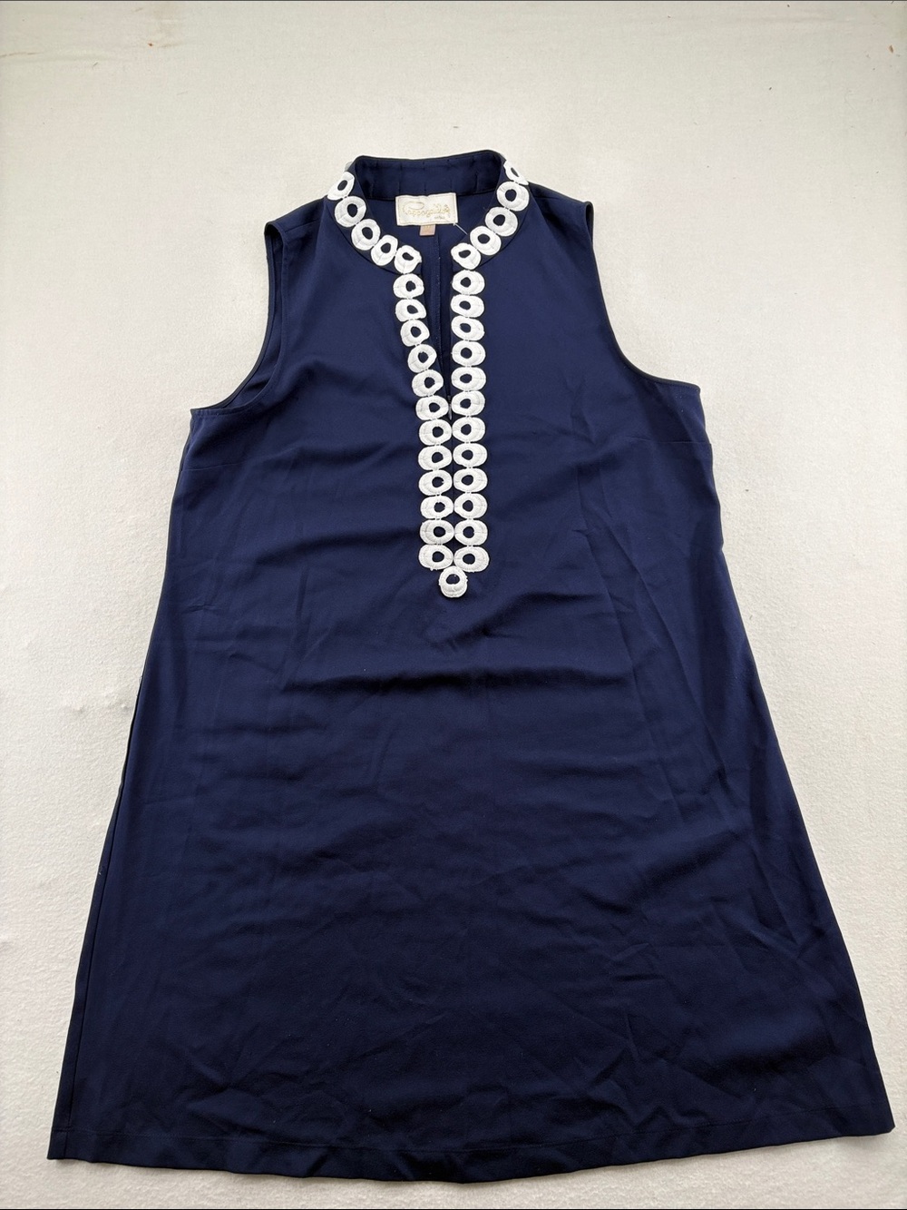 Cappagalla Navy Sleeveless Shift Dress with White Embellished Placket - Size 12